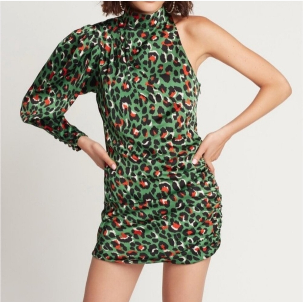 Chic One-Shoulder Green Leopard Dress